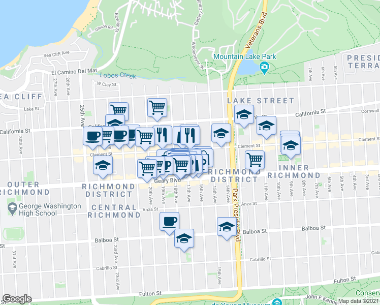 map of restaurants, bars, coffee shops, grocery stores, and more near 319 17th Avenue in San Francisco