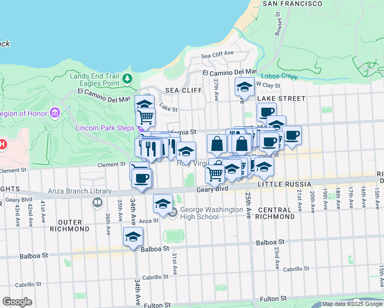 map of restaurants, bars, coffee shops, grocery stores, and more near 390 30th Avenue in San Francisco