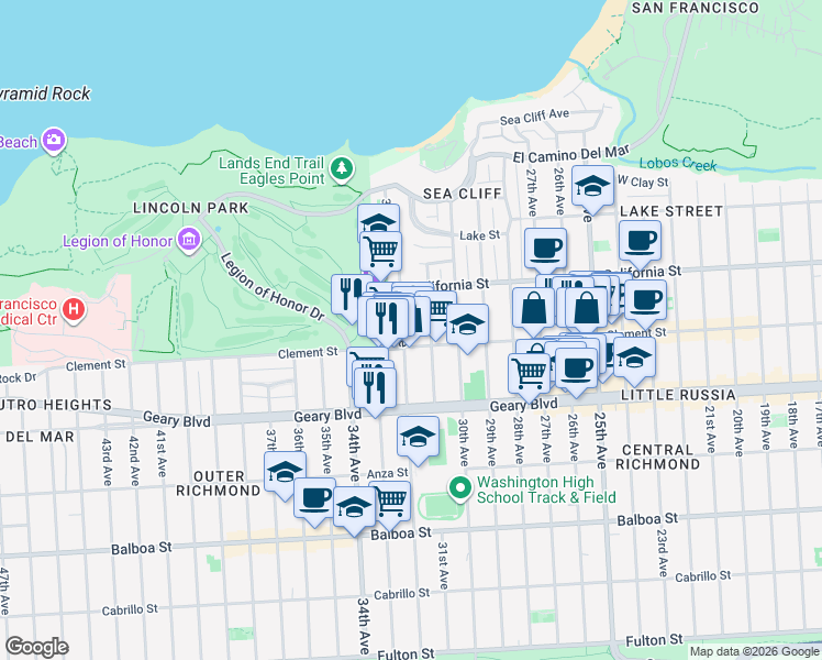 map of restaurants, bars, coffee shops, grocery stores, and more near 395 31st Avenue in San Francisco