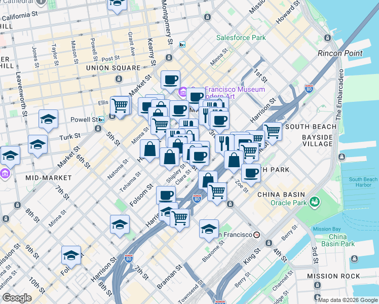 map of restaurants, bars, coffee shops, grocery stores, and more near 5490 Bonifacio Street in San Francisco
