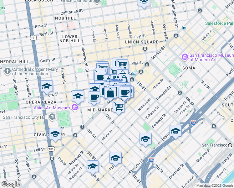 map of restaurants, bars, coffee shops, grocery stores, and more near Market St & 6th St in San Francisco