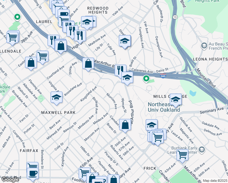 map of restaurants, bars, coffee shops, grocery stores, and more near 3432 Pierson Street in Oakland