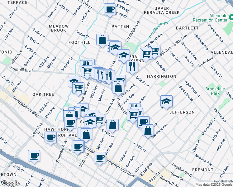 map of restaurants, bars, coffee shops, grocery stores, and more near Foothill Boulevard in Oakland
