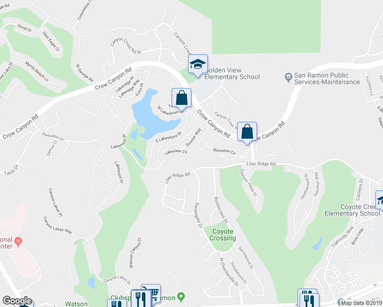map of restaurants, bars, coffee shops, grocery stores, and more near 6188 Lakeview Circle in San Ramon