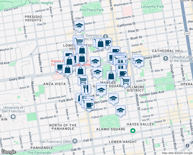 map of restaurants, bars, coffee shops, grocery stores, and more near 1303 Scott Street in San Francisco