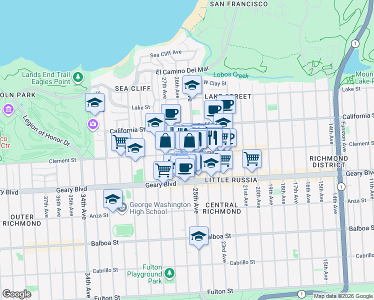 map of restaurants, bars, coffee shops, grocery stores, and more near 2 Clement Street in San Francisco
