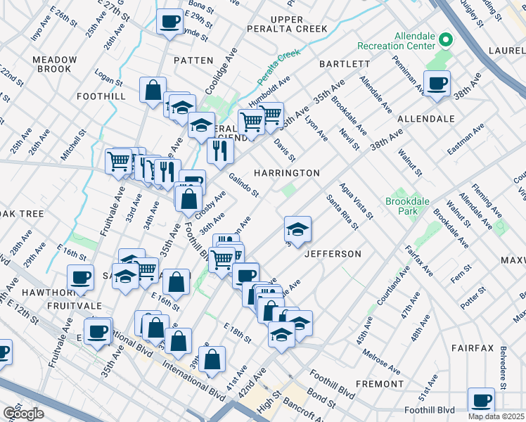 map of restaurants, bars, coffee shops, grocery stores, and more near 2076 Harrington Avenue in Oakland