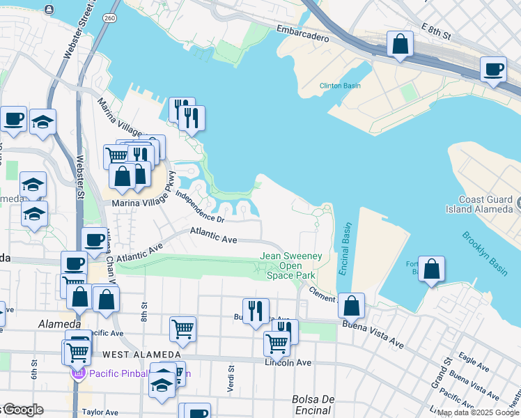 map of restaurants, bars, coffee shops, grocery stores, and more near in Alameda