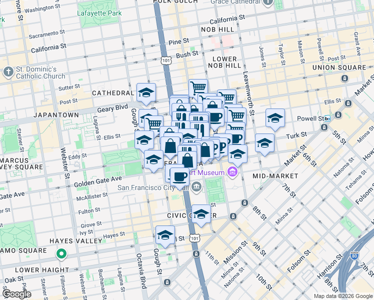 map of restaurants, bars, coffee shops, grocery stores, and more near 650 Turk Street in San Francisco