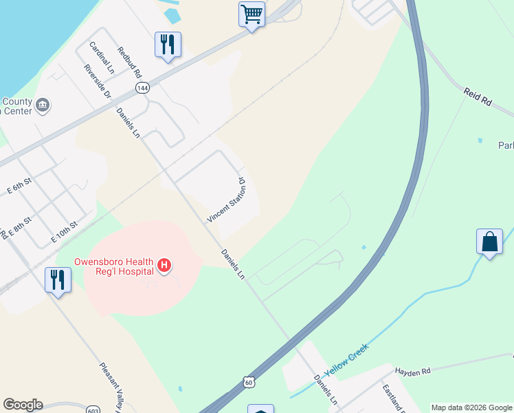 map of restaurants, bars, coffee shops, grocery stores, and more near 1309 Daniels Lane in Owensboro