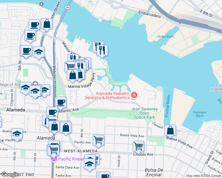 map of restaurants, bars, coffee shops, grocery stores, and more near 3 Eclipse Court in Alameda