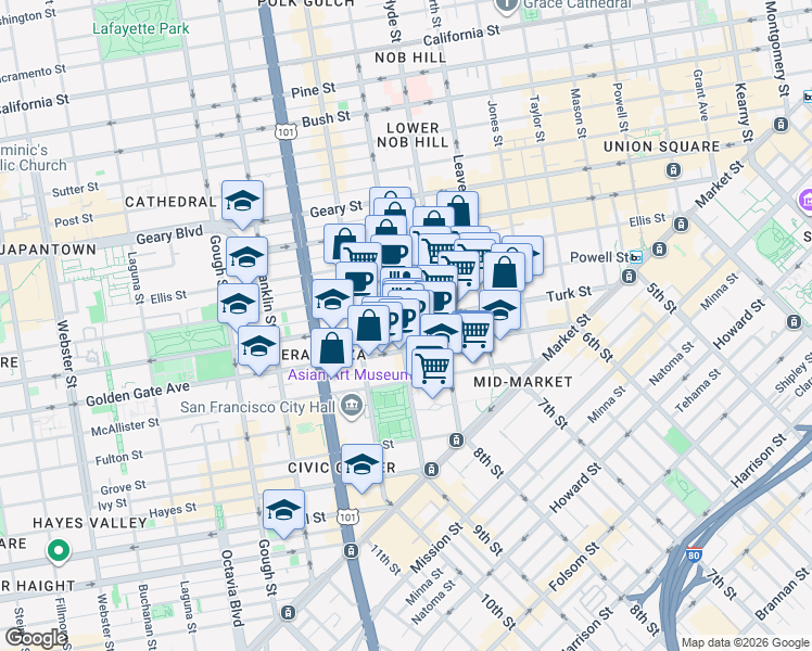 map of restaurants, bars, coffee shops, grocery stores, and more near 510 Larkin Street in San Francisco