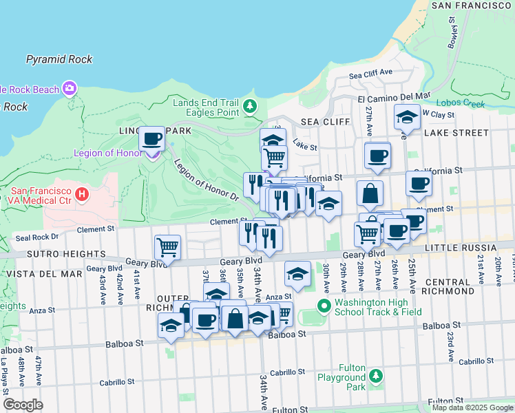 map of restaurants, bars, coffee shops, grocery stores, and more near 300 34th Avenue in San Francisco