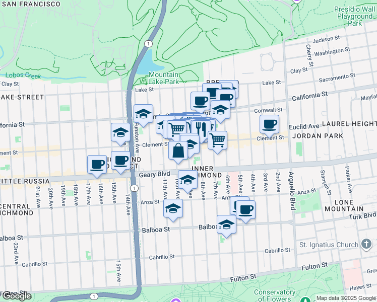 map of restaurants, bars, coffee shops, grocery stores, and more near 325 9th Avenue in San Francisco