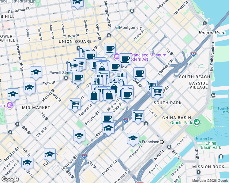 map of restaurants, bars, coffee shops, grocery stores, and more near 4th Street in San Francisco