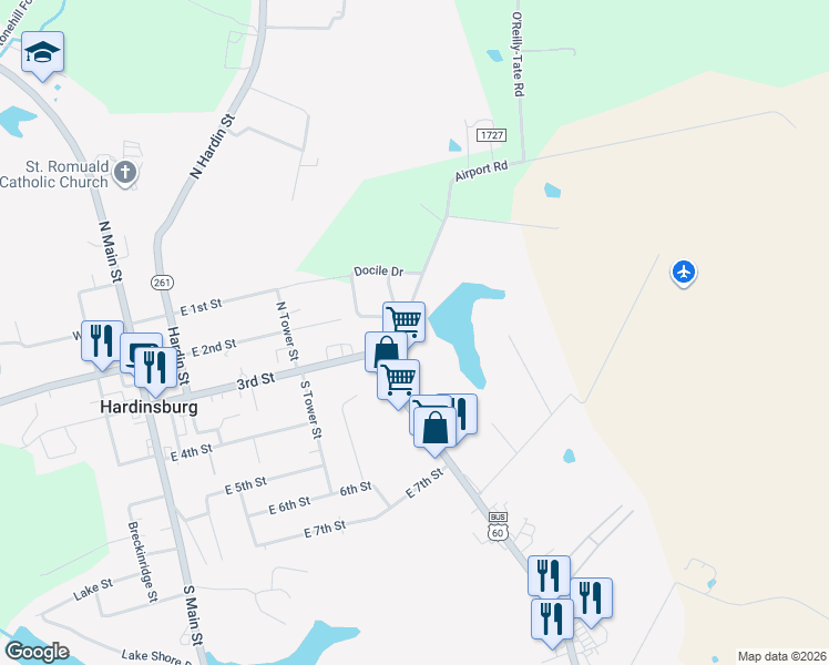 map of restaurants, bars, coffee shops, grocery stores, and more near 86 Airport Road in Hardinsburg