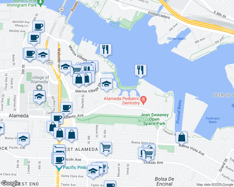 map of restaurants, bars, coffee shops, grocery stores, and more near 6 Regulus Court in Alameda