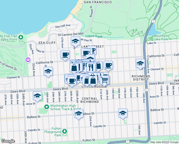map of restaurants, bars, coffee shops, grocery stores, and more near 2147 Clement Street in San Francisco