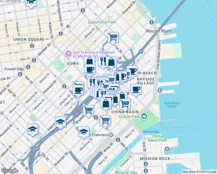map of restaurants, bars, coffee shops, grocery stores, and more near 460 Bryant Street in San Francisco