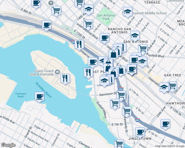 map of restaurants, bars, coffee shops, grocery stores, and more near 11 Embarcadero in Oakland