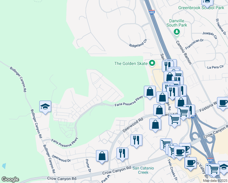 map of restaurants, bars, coffee shops, grocery stores, and more near 301 Paradiso Court in San Ramon