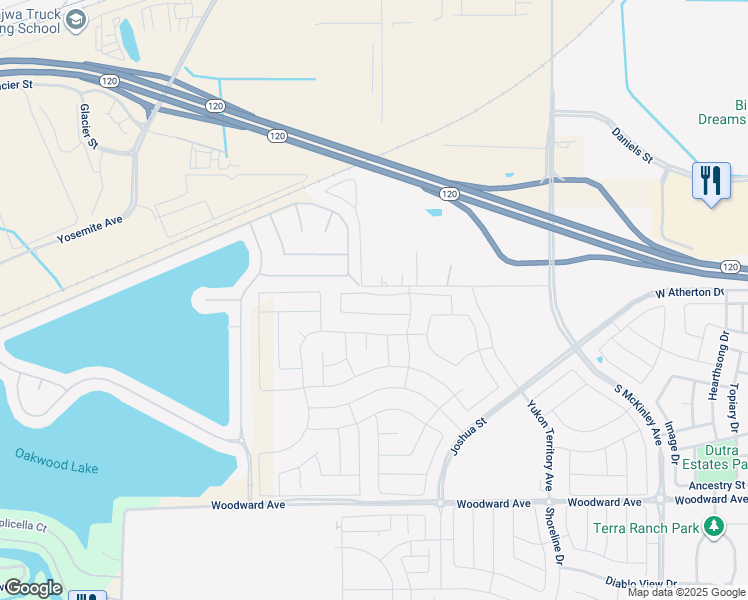 map of restaurants, bars, coffee shops, grocery stores, and more near 1300-2998 Bronzan Road in Manteca