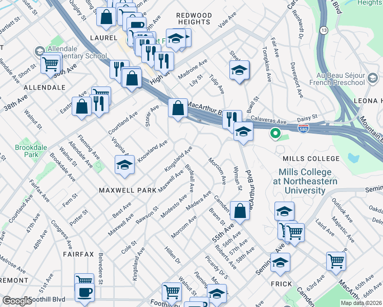 map of restaurants, bars, coffee shops, grocery stores, and more near 3380 Madera Avenue in Oakland