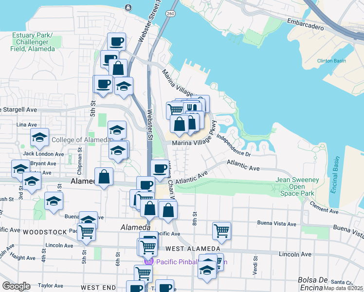 map of restaurants, bars, coffee shops, grocery stores, and more near 3 Rowe Court in Alameda