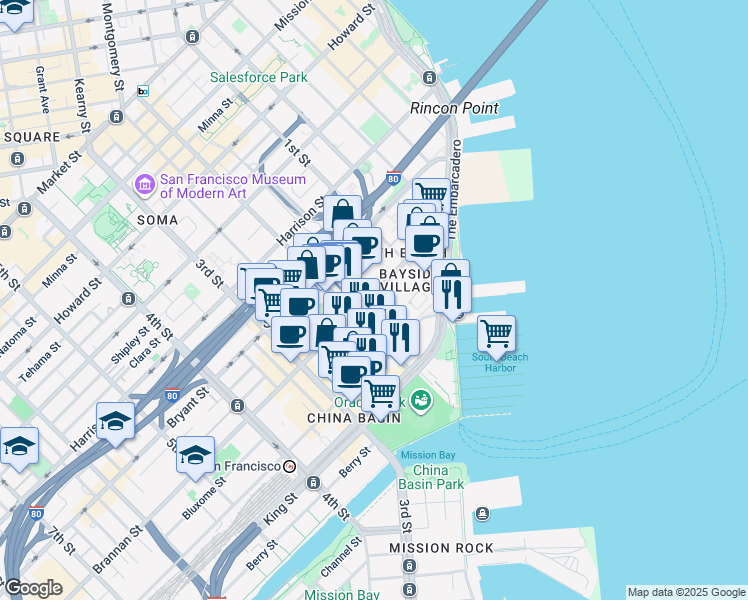 map of restaurants, bars, coffee shops, grocery stores, and more near 275 Brannan Street in San Francisco