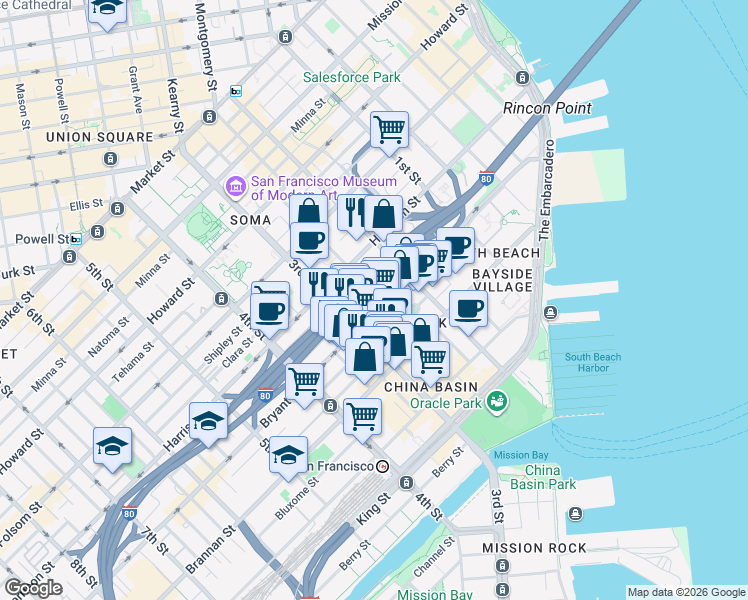 map of restaurants, bars, coffee shops, grocery stores, and more near 470 Bryant Street in San Francisco
