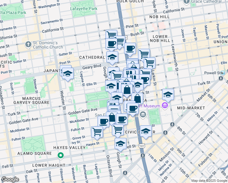 map of restaurants, bars, coffee shops, grocery stores, and more near 930 Gough Street in San Francisco