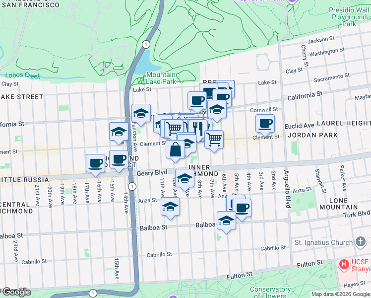 map of restaurants, bars, coffee shops, grocery stores, and more near 325 9th Avenue in San Francisco