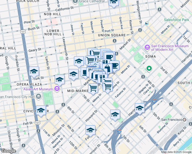 map of restaurants, bars, coffee shops, grocery stores, and more near 989 Market Street in San Francisco