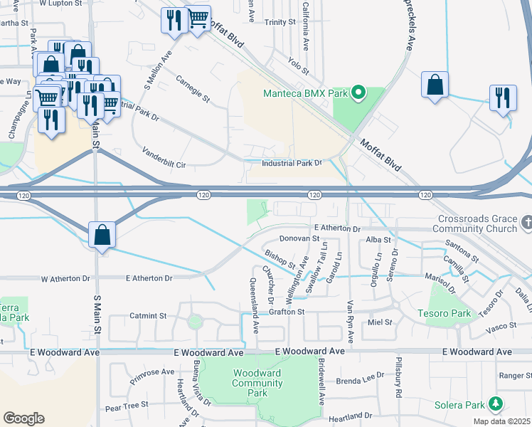 map of restaurants, bars, coffee shops, grocery stores, and more near 729 East Atherton Drive in Manteca