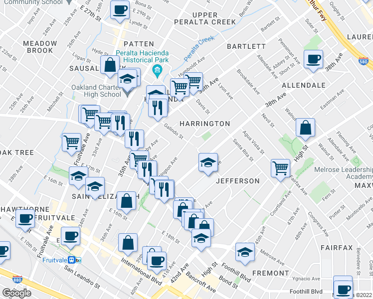 map of restaurants, bars, coffee shops, grocery stores, and more near 2076 Harrington Avenue in Oakland