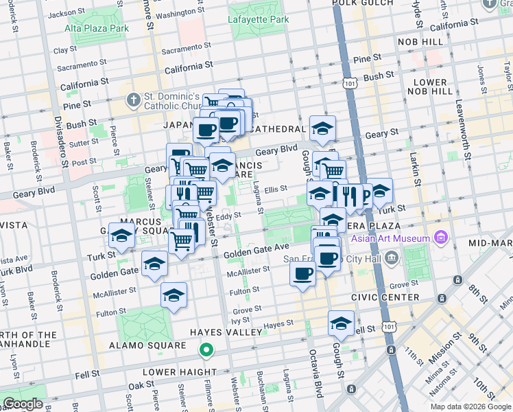 map of restaurants, bars, coffee shops, grocery stores, and more near in San Francisco