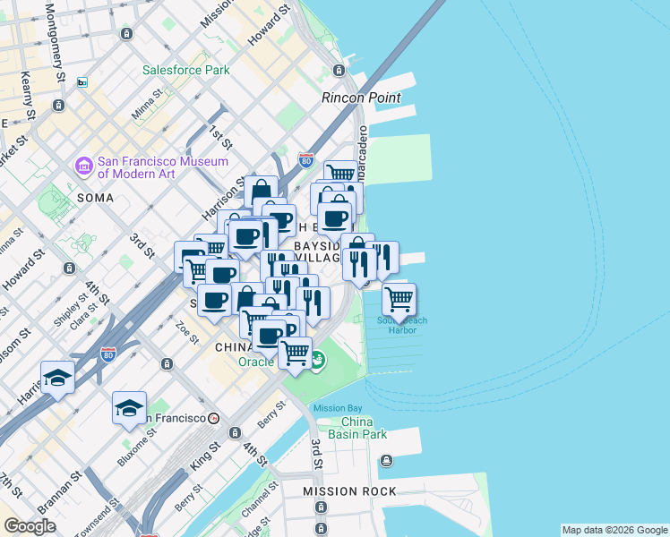 map of restaurants, bars, coffee shops, grocery stores, and more near 2 Townsend Street in San Francisco