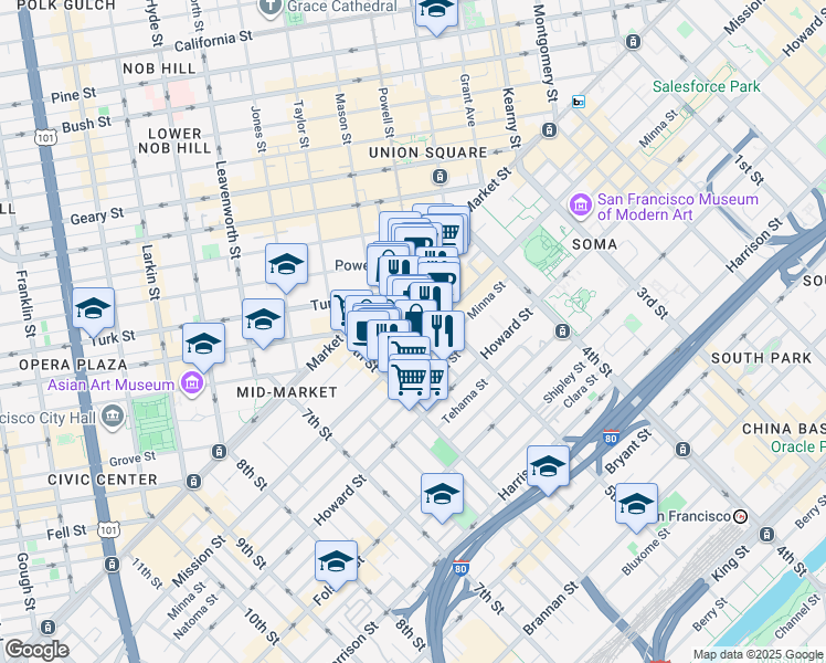 map of restaurants, bars, coffee shops, grocery stores, and more near 981 Mission Street in San Francisco