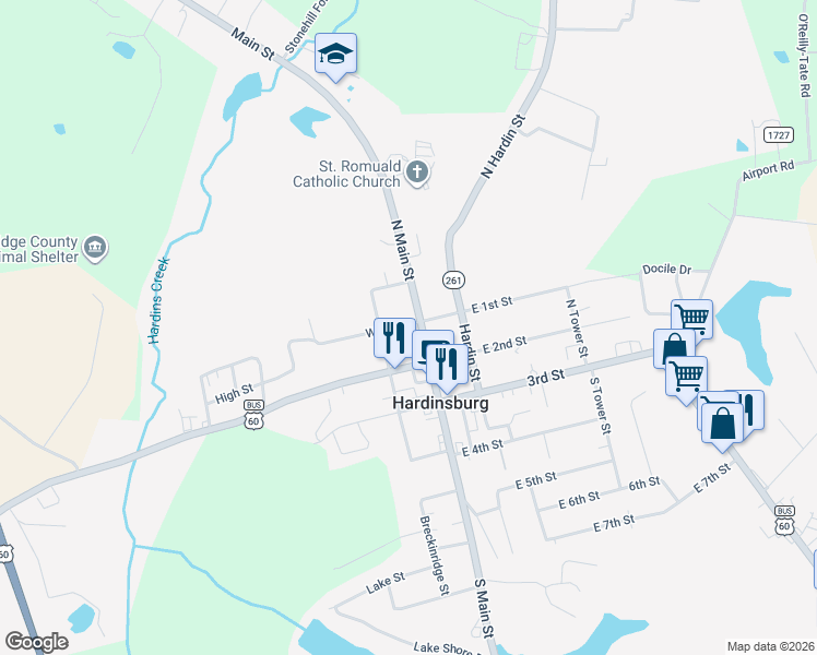 map of restaurants, bars, coffee shops, grocery stores, and more near S Main St in Hardinsburg