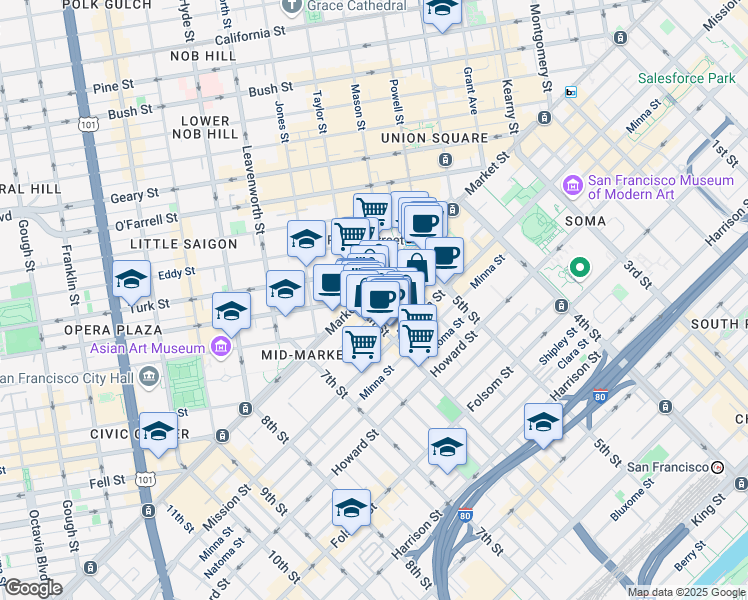 map of restaurants, bars, coffee shops, grocery stores, and more near 989 Market Street in San Francisco