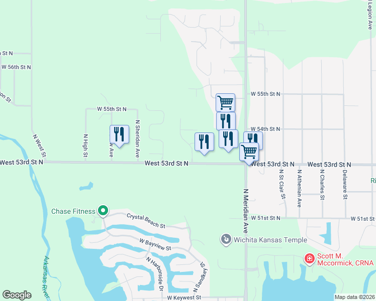 map of restaurants, bars, coffee shops, grocery stores, and more near 2894-3198 West 53rd Street North in Wichita