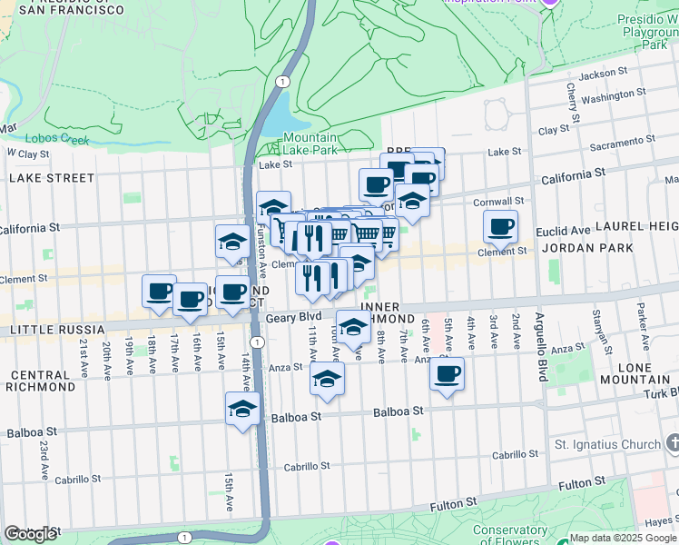 map of restaurants, bars, coffee shops, grocery stores, and more near 337 10th Avenue in San Francisco