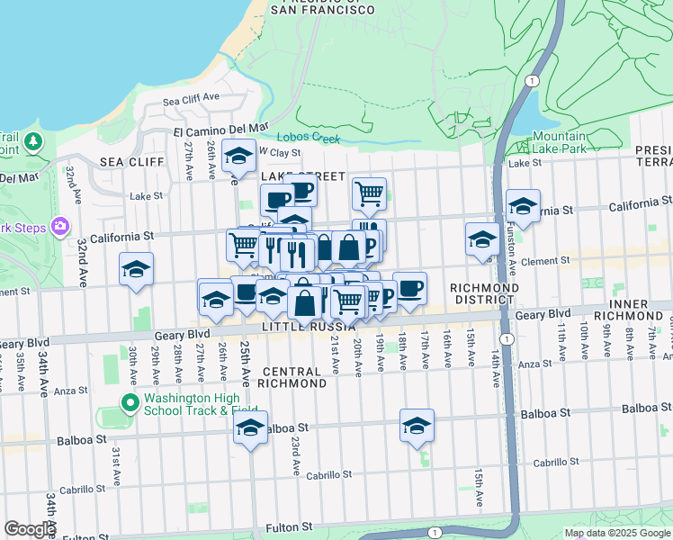 map of restaurants, bars, coffee shops, grocery stores, and more near 1946 Clement Street in San Francisco