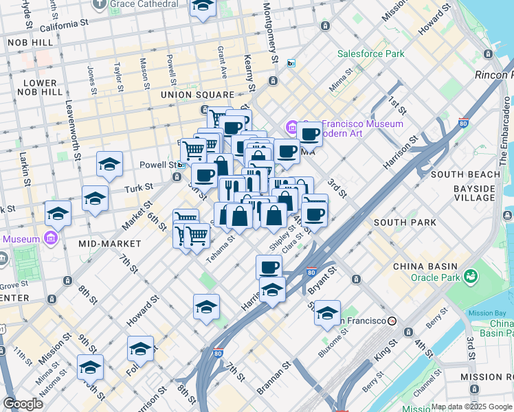 map of restaurants, bars, coffee shops, grocery stores, and more near 330 Clementina Street in San Francisco