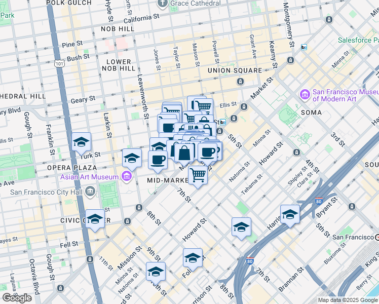 map of restaurants, bars, coffee shops, grocery stores, and more near 1 Taylor Street in San Francisco
