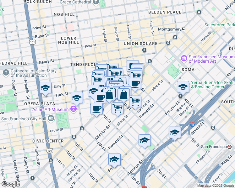 map of restaurants, bars, coffee shops, grocery stores, and more near 988 Market Street in San Francisco