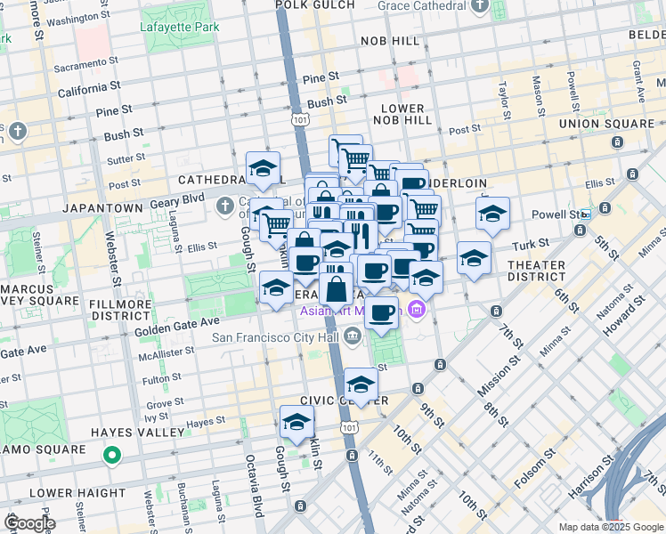 map of restaurants, bars, coffee shops, grocery stores, and more near 650 Turk Street in San Francisco