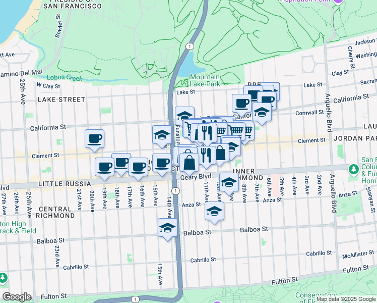 map of restaurants, bars, coffee shops, grocery stores, and more near 332 12th Avenue in San Francisco