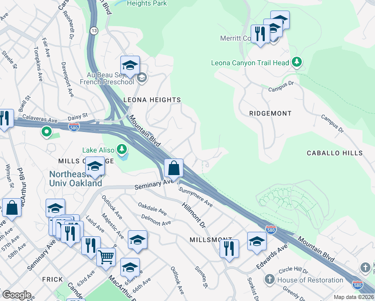 map of restaurants, bars, coffee shops, grocery stores, and more near 4117 Kuhnle Avenue in Oakland