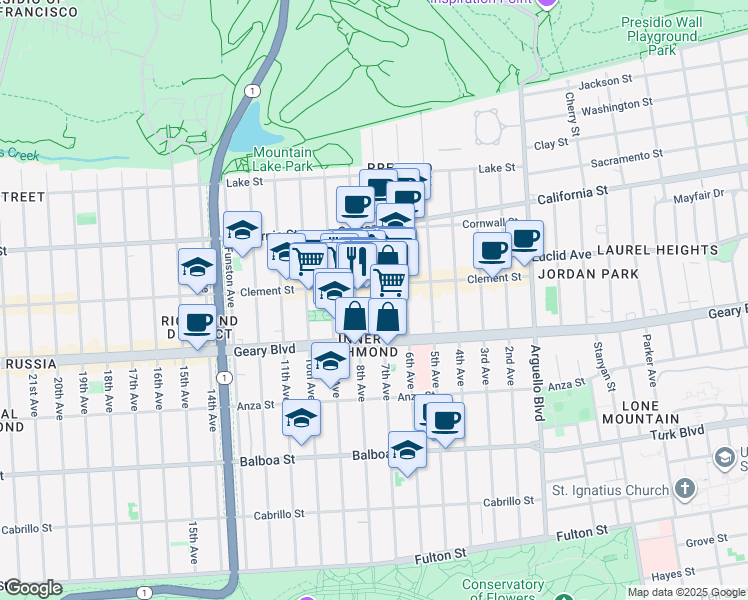 map of restaurants, bars, coffee shops, grocery stores, and more near 342 8th Avenue in San Francisco